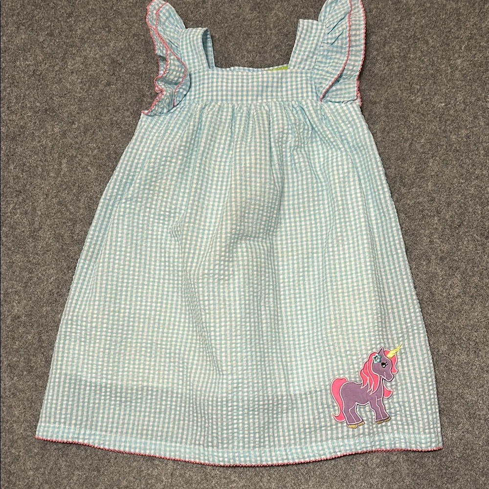Girls Size 6 Classic Whimsy Gingham Lined Dress Blue White Pink Unicorn Patch